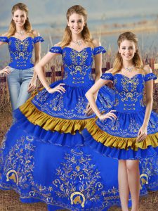 Cheap Ball Gowns Ball Gown Prom Dress Blue Off The Shoulder Satin Sleeveless Lace Up