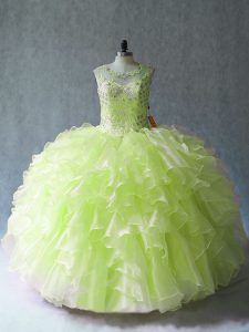Popular Ball Gowns 15 Quinceanera Dress Yellow Green Scoop Organza Sleeveless Floor Length Lace Up