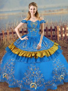Suitable Blue Sweet 16 Dress Sweet 16 and Quinceanera with Embroidery Off The Shoulder Sleeveless Lace Up