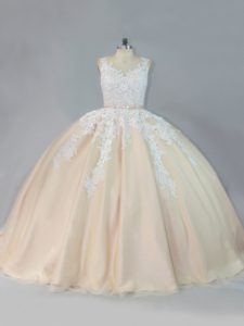 Nice Scoop Sleeveless Quinceanera Gowns Court Train Appliques Champagne Tulle