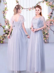 Sophisticated Short Sleeves Tulle Floor Length Side Zipper Dama Dress for Quinceanera in Grey with Lace and Belt