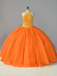 Excellent Floor Length Orange Quinceanera Dress Halter Top Sleeveless Lace Up