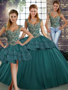 Sleeveless Tulle Floor Length Lace Up Quinceanera Dress in Green with Beading and Appliques
