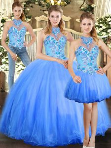 Blue Lace Up Halter Top Embroidery Sweet 16 Dress Tulle Sleeveless