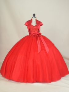 Fitting Floor Length Red Vestidos de Quinceanera Tulle Sleeveless Beading and Bowknot