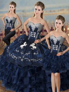 Hot Selling Navy Blue Sleeveless High Low Embroidery and Ruffles Lace Up Vestidos de Quinceanera