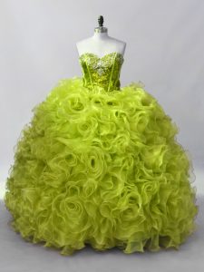 Noble Sleeveless Organza Floor Length Lace Up Quinceanera Dress in Yellow Green with Ruffles and Sequins