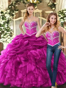 Discount Beading and Ruffles and Pick Ups Ball Gown Prom Dress Fuchsia Lace Up Sleeveless Floor Length