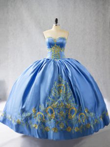 Blue Satin Side Zipper Sweetheart Sleeveless Sweet 16 Quinceanera Dress Embroidery