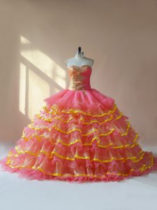 Fancy Pink Lace Up Quinceanera Gowns Beading and Ruching Sleeveless