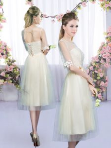 New Style Tea Length Empire Half Sleeves Champagne Quinceanera Dama Dress Lace Up