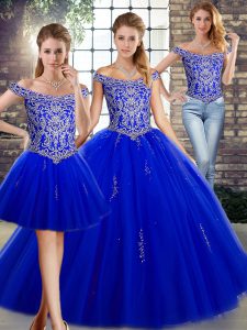 Noble Off The Shoulder Sleeveless Lace Up Quinceanera Dress Royal Blue Tulle