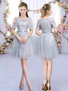 Chic Tulle Scoop Sleeveless Zipper Lace and Belt Quinceanera Dama Dress in Grey