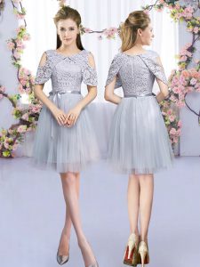 Chic Tulle Scoop Sleeveless Zipper Lace and Belt Quinceanera Dama Dress in Grey