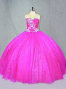 High Class Fuchsia Ball Gowns Tulle Sweetheart Sleeveless Beading Floor Length Lace Up Sweet 16 Dress