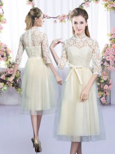 Stylish Half Sleeves Tea Length Lace and Bowknot Zipper Damas Dress with Champagne