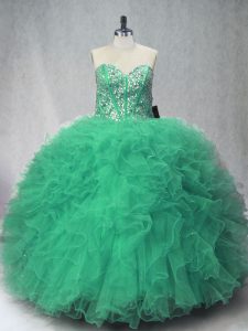 Superior Green Sleeveless Beading and Ruffles Floor Length Quinceanera Dresses
