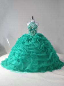 Fitting Turquoise Ball Gowns Beading and Pick Ups 15th Birthday Dress Lace Up Tulle Sleeveless