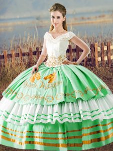 Spectacular V-neck Sleeveless Sweet 16 Dresses Floor Length Embroidery and Ruffled Layers Apple Green Satin