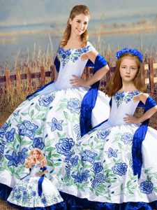 Blue And White Sleeveless Satin Lace Up Quinceanera Gown for Sweet 16 and Quinceanera