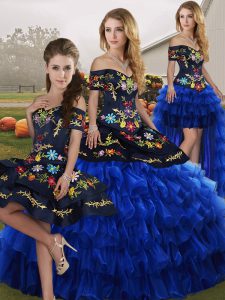 Popular Off The Shoulder Sleeveless Lace Up Quince Ball Gowns Blue And Black Organza