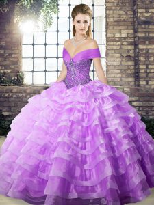 Lavender Off The Shoulder Neckline Beading and Ruffled Layers Vestidos de Quinceanera Sleeveless Lace Up