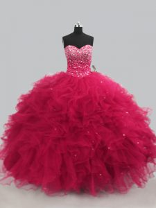 Ideal Hot Pink Sleeveless Tulle Lace Up Quinceanera Dresses for Sweet 16 and Quinceanera