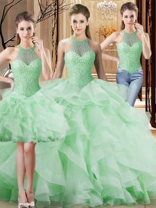Fabulous Apple Green Lace Up Halter Top Beading and Ruffles Quinceanera Dresses Organza Sleeveless Brush Train