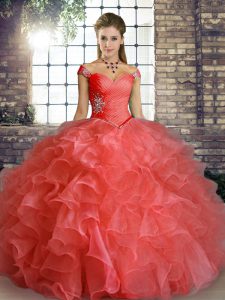Organza Off The Shoulder Sleeveless Lace Up Beading and Ruffles Quinceanera Gown in Watermelon Red
