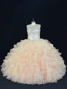 Fitting Floor Length Champagne Quince Ball Gowns Organza Sleeveless Beading and Ruffles