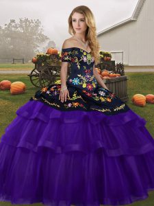 Colorful Off The Shoulder Sleeveless Tulle Sweet 16 Dresses Embroidery and Ruffled Layers Brush Train Lace Up
