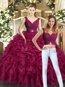 High Class Floor Length Burgundy Quinceanera Gowns Organza Sleeveless Beading and Ruffles