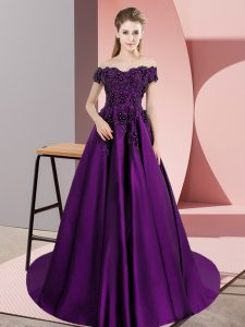 Beautiful Eggplant Purple Zipper Off The Shoulder Appliques Ball Gown Prom Dress Satin Sleeveless Court Train