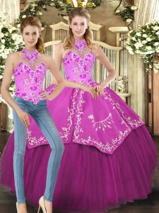 Floor Length Fuchsia Quinceanera Dress Satin and Tulle Sleeveless Embroidery