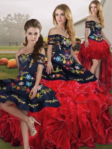 Sleeveless Organza Floor Length Lace Up Sweet 16 Quinceanera Dress in Red And Black with Embroidery and Ruffles