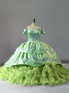 Unique Yellow Green Organza Lace Up Off The Shoulder Sleeveless 15 Quinceanera Dress Chapel Train Embroidery and Ruffles