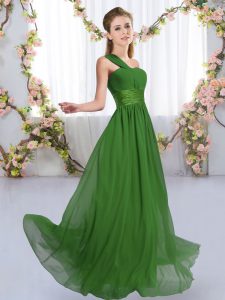 Wonderful One Shoulder Sleeveless Lace Up Dama Dress Green Chiffon