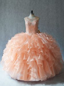 Shining Peach Sleeveless Organza Lace Up 15 Quinceanera Dress for Sweet 16 and Quinceanera