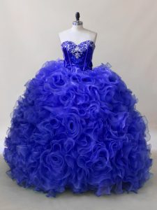 Vintage Royal Blue Fabric With Rolling Flowers Lace Up Ball Gown Prom Dress Sleeveless Floor Length Ruffles and Sequins