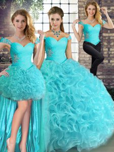 Off The Shoulder Sleeveless Sweet 16 Quinceanera Dress Floor Length Beading Aqua Blue Fabric With Rolling Flowers
