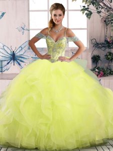Elegant Yellow Green 15 Quinceanera Dress Sweet 16 and Quinceanera with Beading and Ruffles Off The Shoulder Sleeveless Side Zipper