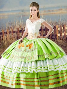 Customized Lace Up Quinceanera Gown Embroidery and Ruffled Layers Sleeveless Floor Length