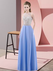 Cute Sleeveless Floor Length Beading Backless Prom Dresses with Blue