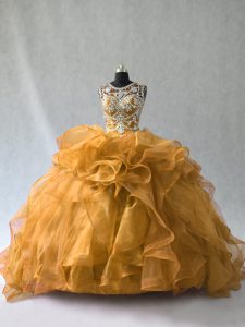 Most Popular Gold Ball Gowns Beading and Ruffles Quinceanera Dresses Lace Up Organza Sleeveless Floor Length