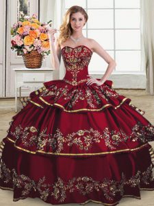 Wine Red Sweetheart Lace Up Embroidery and Ruffled Layers Quinceanera Dresses Sleeveless