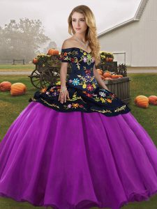 Luxurious Embroidery Quinceanera Dress Black And Purple Lace Up Sleeveless Floor Length