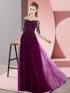 Wonderful Fuchsia Half Sleeves Chiffon Lace Up Quinceanera Dama Dress for Wedding Party