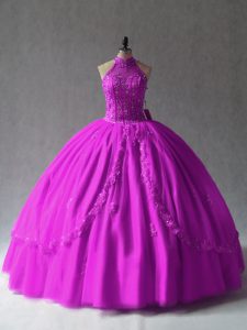 Tulle Halter Top Sleeveless Lace Up Appliques Ball Gown Prom Dress in Fuchsia