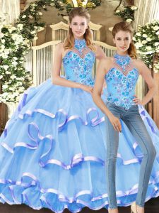 High End Blue Two Pieces Halter Top Sleeveless Organza Floor Length Lace Up Embroidery and Ruffled Layers Sweet 16 Quinceanera Dress