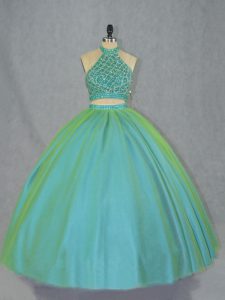 Glittering Two Pieces Sleeveless Green Quince Ball Gowns Lace Up